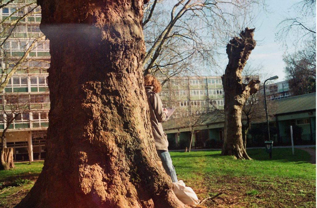 A woman leans against a tree, writing on a clipboard. she is surrounded by the high rise buildings of a South London estate
