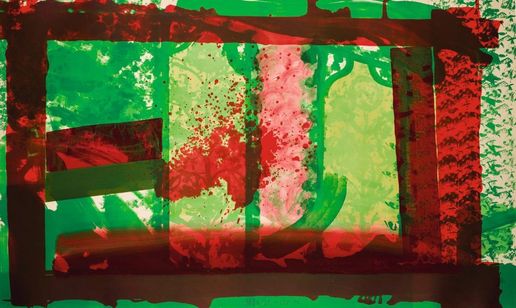 Abstract painting in bright green and red with bold brushstrokes