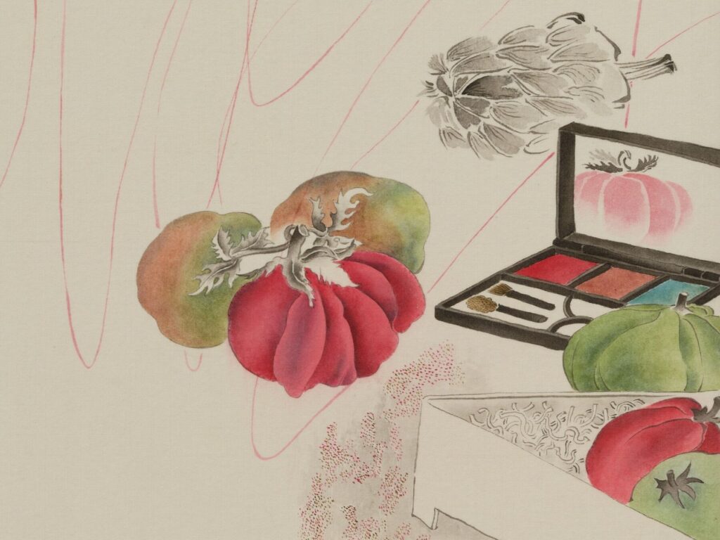 Evelyn Taocheng Wang, Bolzano Red and Green Tomato and Eyeshadow, 2025–2026 (detail). Mineral color, calligraphy ink, silk, Xuan-paper, mounted onto wooden panel. 40 x 40 x 2,5 cm. © Evelyn Taocheng Wang 2026, courtesy the artist; Antenna Space, Shanghai; Carlos/Ishikawa, London. Photo: Junli Chen.